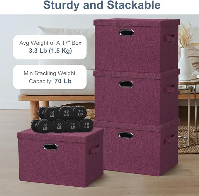 Large 17" 36 Quart Collapsible Stackable Storage Bins with Lids, 3 Packs Purple Linen Fabric Closet Boxes with Lids, Storage Cube Baskets Container Organizers for Bedroom Office (17x12x11)-DeskLoop Office