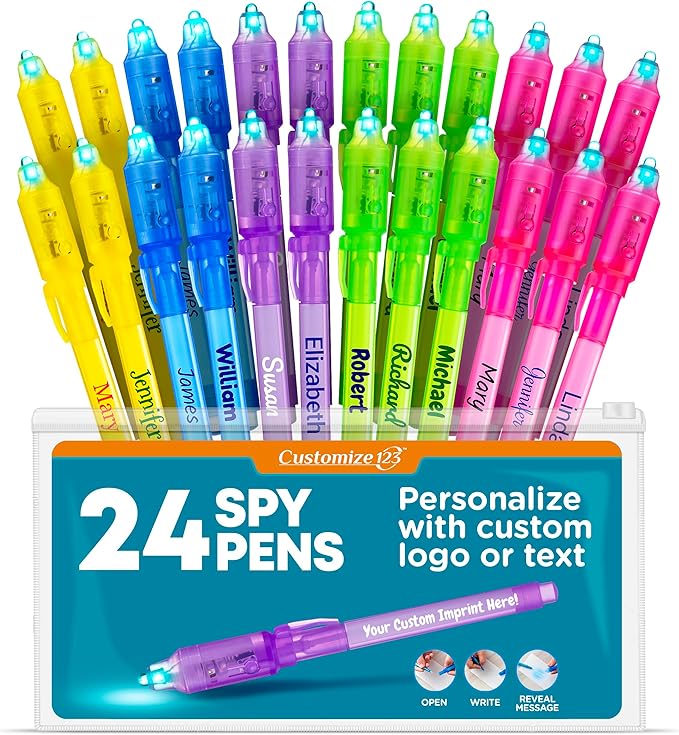 Personalized Invisible Disappearing Ink Pen Marker Pack, Custom Secret Spy Message Writer with UV Light, Fun for Kids Party Favors Gifts and Stock Stuffers, 24 Pack, Assorted-DeskLoop Office