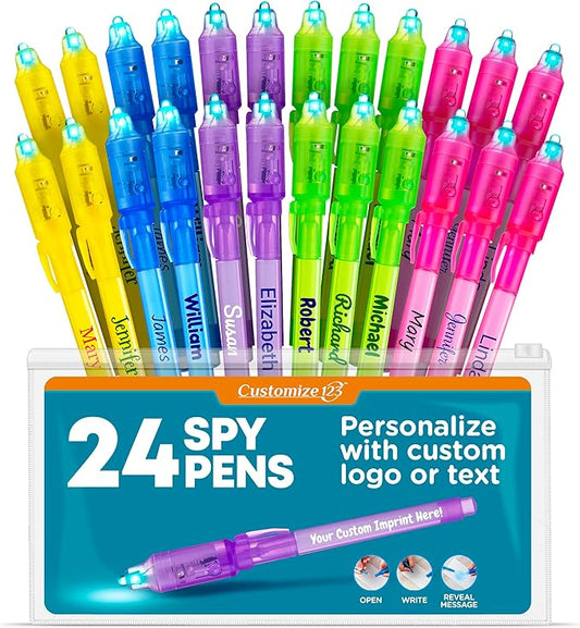 Personalized Invisible Disappearing Ink Pen Marker Pack, Custom Secret Spy Message Writer with UV Light, Fun for Kids Party Favors Gifts and Stock Stuffers, 24 Pack, Assorted-DeskLoop Office