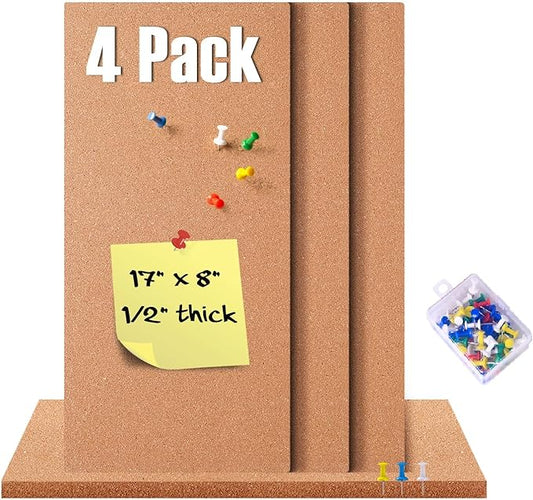 4 Pack Cork Bulletin Board 17"x8" - 1/2" Thick Cork Board Tiles,Self-Adhesive Frameless Cork Tiles Wall Decor for DIY, Office, School and Home Decor-DeskLoop Office