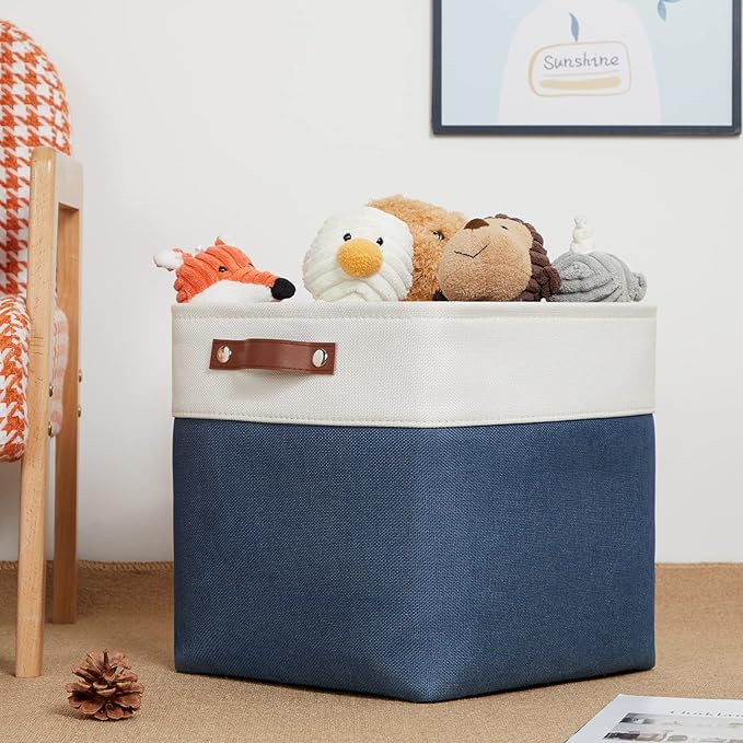 DULLEMELO Foldable Storage Cubes 12 x 12 Organizer Bins,Canvas Storage Bins Empty Gift Baskets for Organizing with SturdyLeather Handles, Closet Baskets for Nursery Storage(4 Pack - 12" White&Blue)-DeskLoop Office