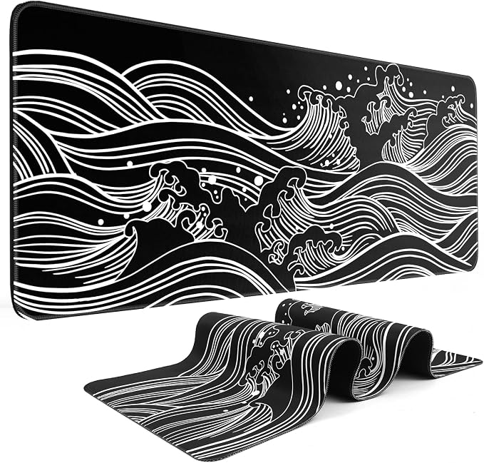DIGSOM Gaming Mouse Pad Black and White Sea Wave Pattern, 31.5 x 11.8in | XL by DIGSOM
