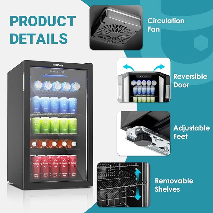 EUHOMY Beverage Refrigerator Cooler, 130 Can Mini Fridge with Glass Door for Soda Beer or Wine, Beverage Cooler for Home, Office, Bar with Adjustable Removable Shelves, Black-DeskLoop Office