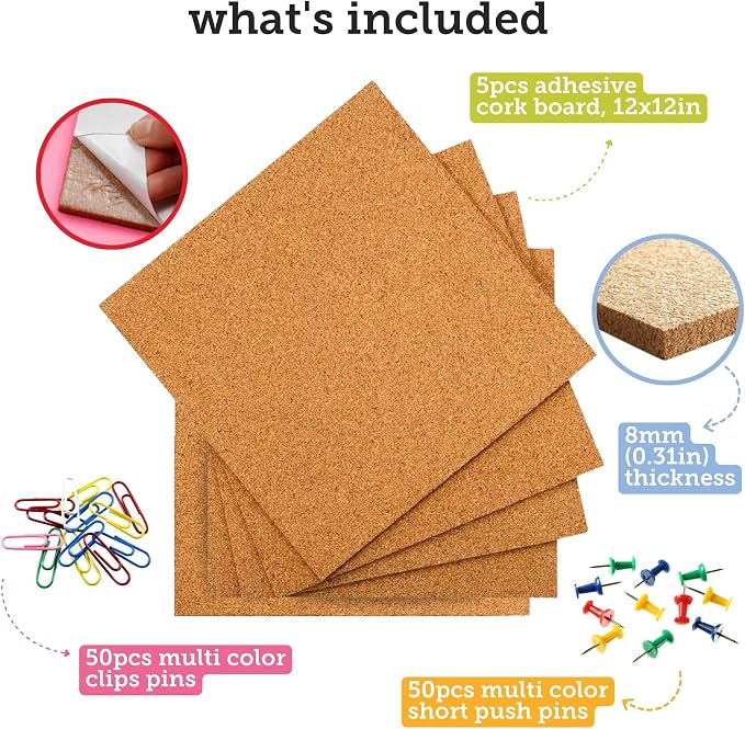 Cork Board Tile Squares – 5 Piece 12x12 Self-Adhesive Squares - Image 2