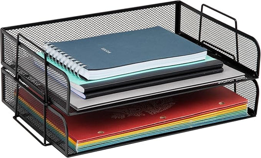 Mind Reader Stackable Paper Tray, Desktop Organizer, File Storage, Office, Metal Mesh, 13.25" L x 9.75" W x 6.25" H, 2 Pcs., Black