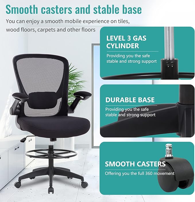 BestOffice Drafting Chair Tall Office Chair with Adjustable Foot Ring and Flip-Up Arms Computer Standing Desk Chair Executive Rolling Swivel Chair for Office & Home-DeskLoop Office