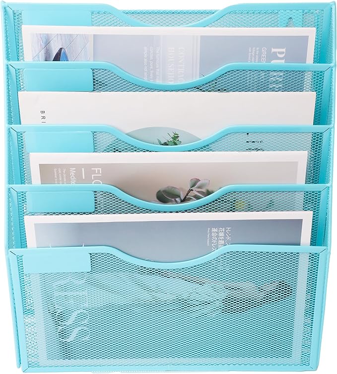 EASEPRES 5 Pocket Mesh Hanging Wall File Organizer, Wall Mounted Mail Paper Document Folder Holder, Clipboard Storage Organization Magazine Rack with Nametag Label for Office Home School, Blue-DeskLoop Office