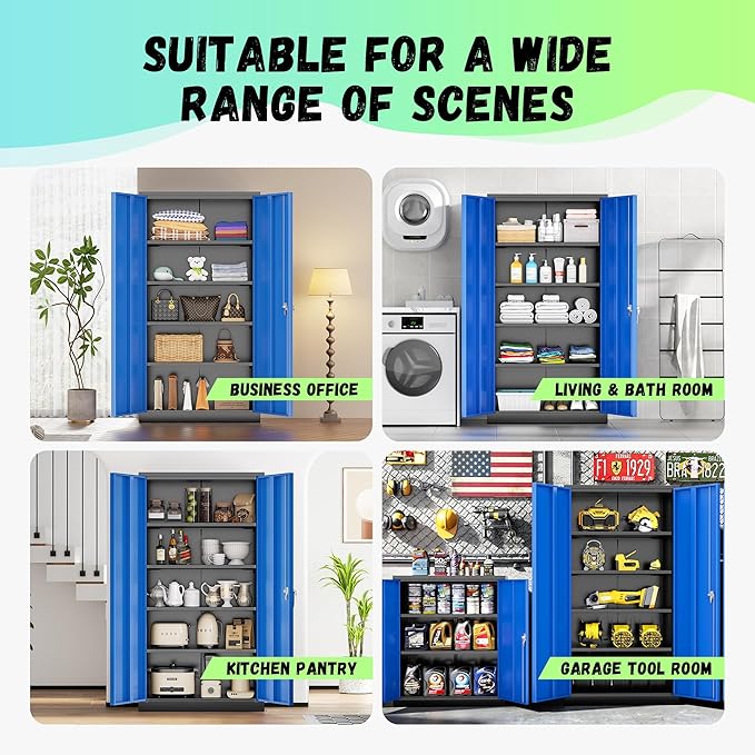 INTERGREAT Garage Storage Cabinets with Doors and Shelves,72" H Steel Locking Cabinets Storage with Lockable Door,Metal Storage Cabinet for Home Office,Warehouse,School,Black Blue-DeskLoop Office