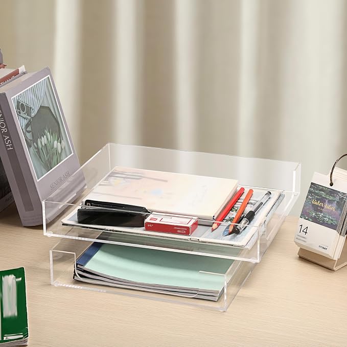 BTSKY 2 Pack Multipurpose A4 File Tray Clear Acrylic Desk Tray Organizer - Image 8