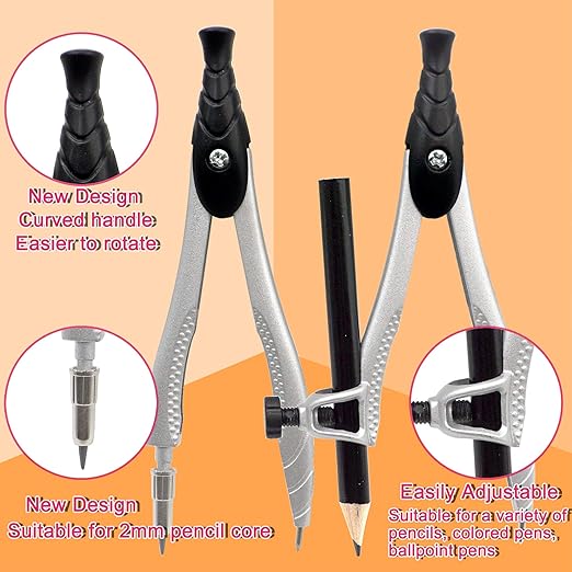 Professional Geometry Compass Set, Starter Compass Set Includes 2 Drafting Compasses, Protractor, 2 Set Squares, Ruler in Storage Box, Back-to-School Math Supplies for Students, Black-DeskLoop Office