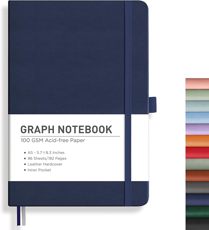 RETTACY Graph Grid Paper Notebook, 192 Pages, A5 Medium Size (5.7'' x 8.3''), 5 Squares per Inch, Leather Hardcover, 100 GSM Thick Paper, for School, Students, Math, Engineering (Navy Blue)-DeskLoop Office