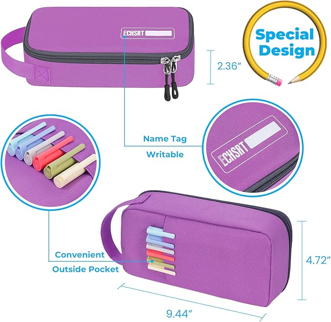 ECHSRT Big Pencil Case, Aesthetic Portable Zipper Pencil Bag with Hidden Pocket, Special Pouch for Men Women Adults, Stationery Organizer Pen Cases for Office Travel, Purple-DeskLoop Office