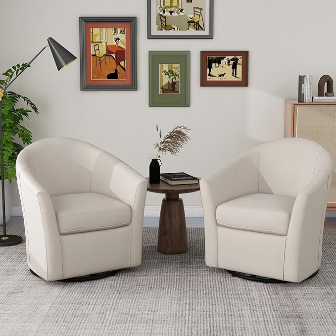 UIXE 360° Swivel Barrel Accent Chairs Set of 2, Modern Round Arm Chair Upholstered Club Armchair, Single Sofa Seating in Fabric for Living Room, Bedroom (Beige)-DeskLoop Office