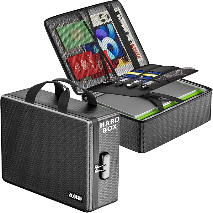 Fireproof Document Box with Lock, 16.3”×12.2”×4.9” | Hard Document Organizer by ZOOPIP
