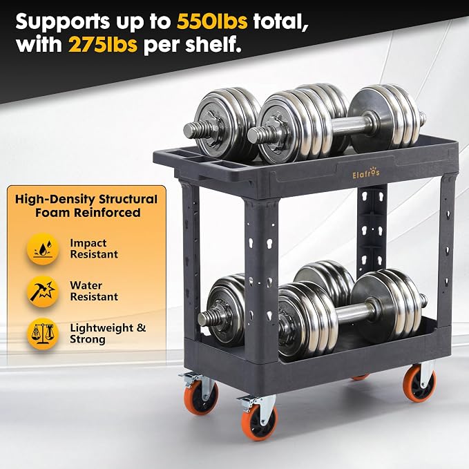 ELAFROS 2-Tier Heavy Duty Utility Rolling Cart, 34 x 17 in, Full Swivel Wheels - Image 6