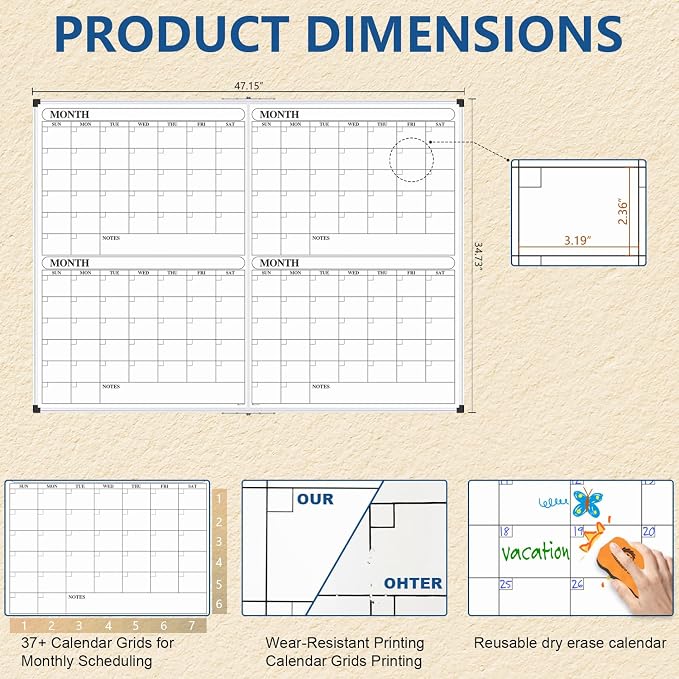XBoard Magnetic Calendar Whiteboard 48x36 inch, 4 Month Dry Erase Board Planner - Image 3