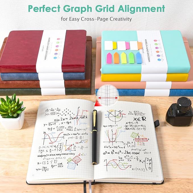 5 Pack Graph Paper Notebook, 312 Numbered Pages Graph Notebook Bulk, 100gsm No Bleed Grid Paper Notebooks for Work, Hardcover Leather Journal, Squared Grid Notebook for Graphing Notes Math, Multicolor-DeskLoop Office
