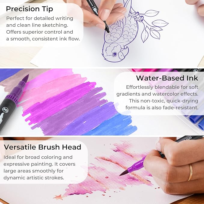 Purple Duo Tip Marker Pens, 12 Pack Fine & Brush Markers - Image 4