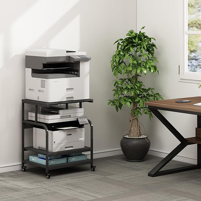 Printer Stand, 23.6 x18.9 x 30 Inches Large Printer Table with Adjustable Storage Shelf, 3 Tier Rolling Printer Cart with Wheels for Home Office, Stand for Heat Press Mini Fridge, Black-DeskLoop Office