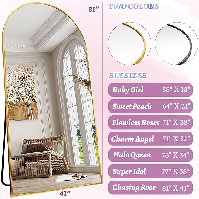 Full Length Mirror, 81"x41" Oversized Floor Mirror Freestanding, Full Body Floor Standing Mirror with Stand, Hanging Mounted for Bedroom Living Room, Gold, Arched Style-DeskLoop Office