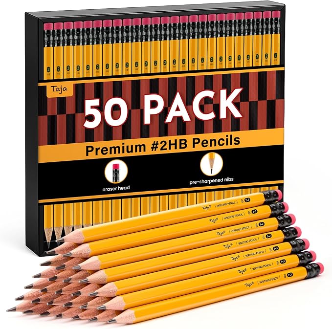 Taja 50 Pack Wood-Cased #2 HB Pencils, Bulk Pre-Sharpened Pencils by Taja