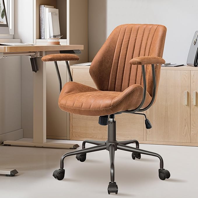 Mid Century Modren Office Chair - Mid Back Swivel Executive Chair with Lumbar Support,Ergonomic Computer Desk Chair with Wheels,Faux Lether Suede Task Chair,350lbs (Brown, Mid Back)-DeskLoop Office