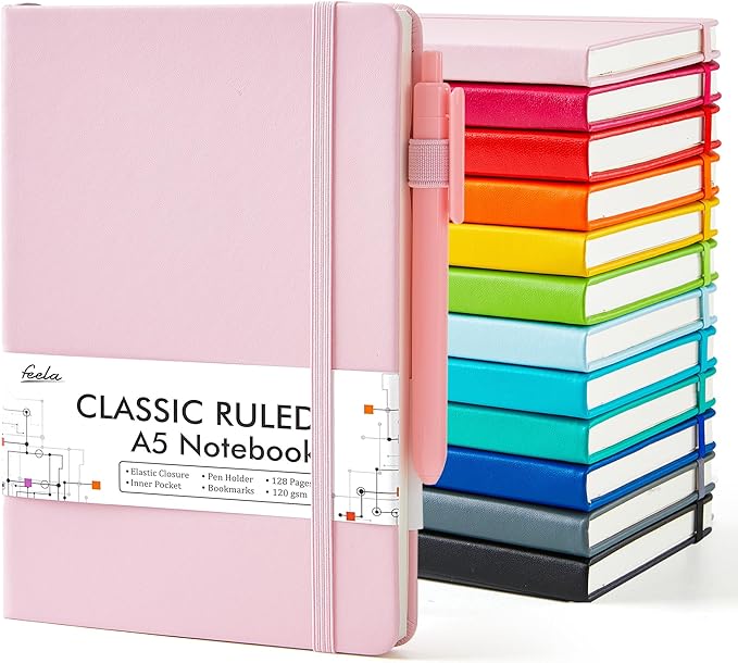 feela Notebooks Journals Bulk, Hardcover Notebook Classic Ruled Journal Set with Pen Holder for School Business Work Travel Writing, with 12 Black Pens, 120 GSM, 5.1”x8.3”, 12 Pack, A5, Solid Colors-DeskLoop Office