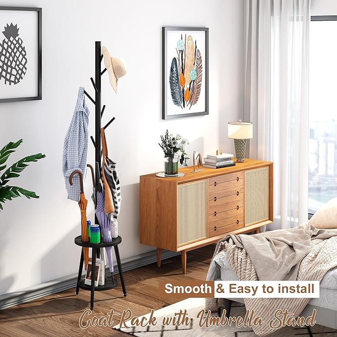 FILWH Freestanding Coat Rack with Umbrella Organizer Tray Bamboo Coat Tree Rack with 8 Hook Stand for Clothes Bag Hats Entryway Hanger Stand(Black)-DeskLoop Office