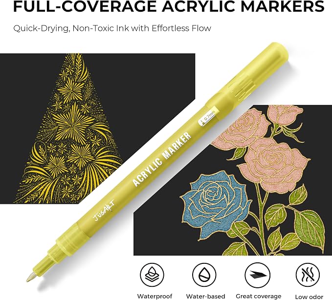 JusArt 6 Pack Gold Permanent Markers, 0.7mm Fine Point Gold Acrylic Markers - Image 2