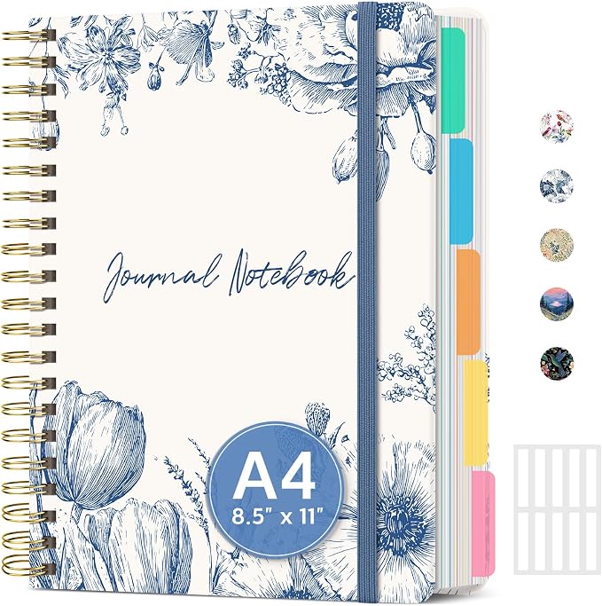 Large Lined Spiral Journal for Women Cute Hardcover 5 Subject Notebook for Work by Taja