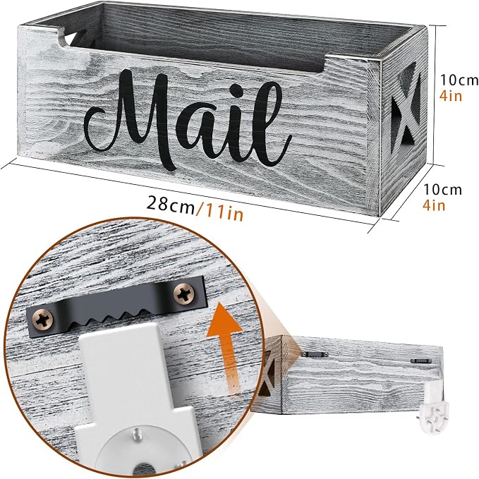 Mail Organizer Holder Countertop, Rustic Wood Mail Basket Storage Tray Letter - Image 4