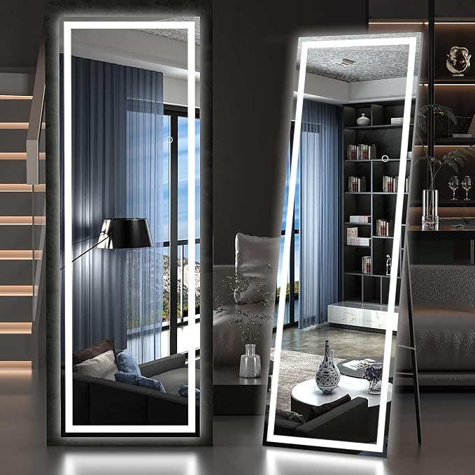 Hasipu Full Length Mirror with Lights, 65" x 20" LED Floor Mirror, Full Body Dressing Standing, Hanging Mounted Mirror for Living Room Bedroom Cloakroom, Square Black-DeskLoop Office