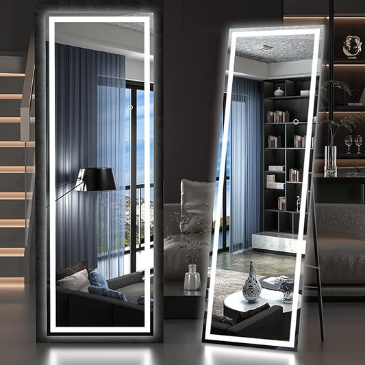 Hasipu Full Length Mirror with Lights, 65" x 20" LED Floor Mirror, Full Body Dressing Standing, Hanging Mounted Mirror for Living Room Bedroom Cloakroom, Square Black-DeskLoop Office