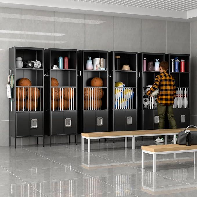 Aobabo 72" H Metal Storage Locker for Gym, for Stores Sports Gear Footballs, Rugby Balls and Tennis, Open Storage Locker with Hooks for School, Gym, Black, Assembly Required-DeskLoop Office
