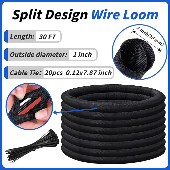 30FT Split Braided Sleeve Cable Management, 1 Inch Wire Loom Tubing Cord - Image 2