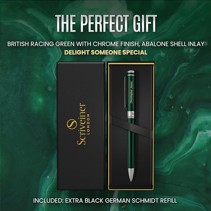 Scriveiner Personalized British Racing Green Pen - Stunning Green Lacquer Luxury Pen with Chrome Finish, Schmidt Ink Refill, Best Engraved Ball Point Gift Set for Men & Women, Custom Name Engraving-DeskLoop Office