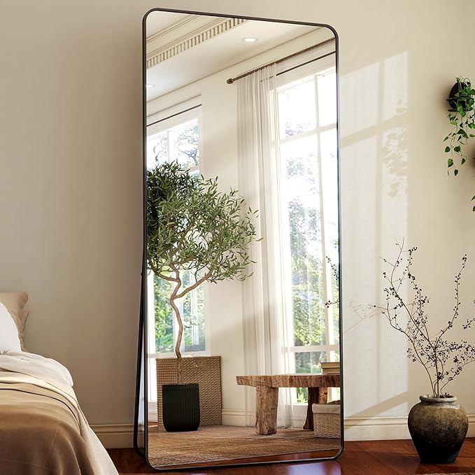 HARRITPURE 71x32 inch Rounded Full Length Mirror Aluminum Frame Black Mirror Full Length Floor Mirror with Stand for Living Room Bedroom Cloakroom-DeskLoop Office