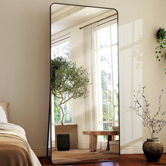 HARRITPURE 71x32 inch Rounded Full Length Mirror Aluminum Frame Black Mirror Full Length Floor Mirror with Stand for Living Room Bedroom Cloakroom-DeskLoop Office