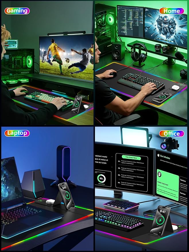 Mouse Pad with Foldable Phone Holder & Wireless Charger, XXL RGB Gaming - Image 8