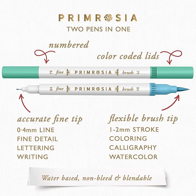 Primrosia 12 Dual Tip Watercolor Marker Pens - Fine Tip & Brush Tips, Professional Quality, 4 x Sticker Sheets, Blendable, Non-Toxic, Perfect for Calligraphy, Drawing & Coloring. (Coastal)-DeskLoop Office
