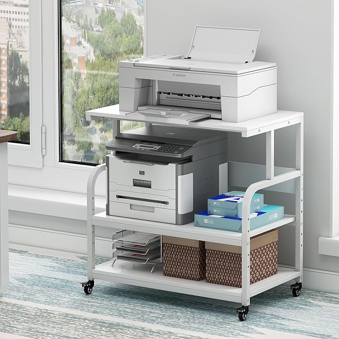 Printer Stand, 32.3" x 18.9" x 32.1" Extra Large Printer Table with Adjustable Storage Shelf, 3 Tier Rolling Printer Cart with Industrial Wheels for Home Office, White-DeskLoop Office