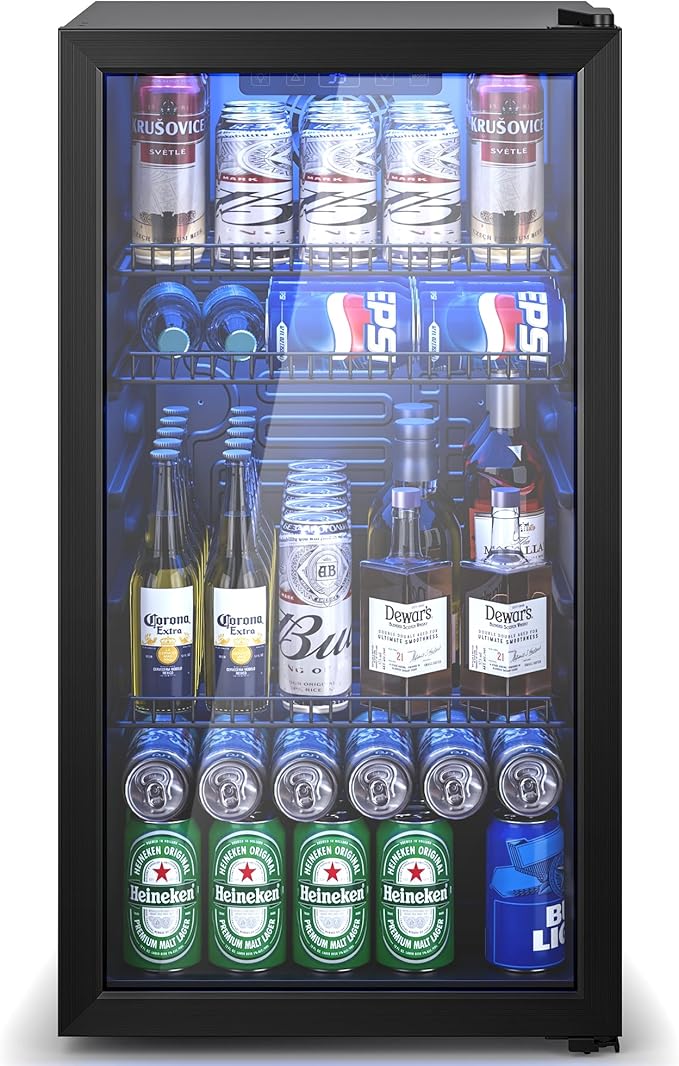 Beverage Refrigerator Cooler, 120 Can Drink Fridge with Glass Door for Soda Beer or Wine, Digital Temperature Control, Mini Fridge for Bedroom, Bar, Office (Black, 3.23 Cu.Ft)-DeskLoop Office