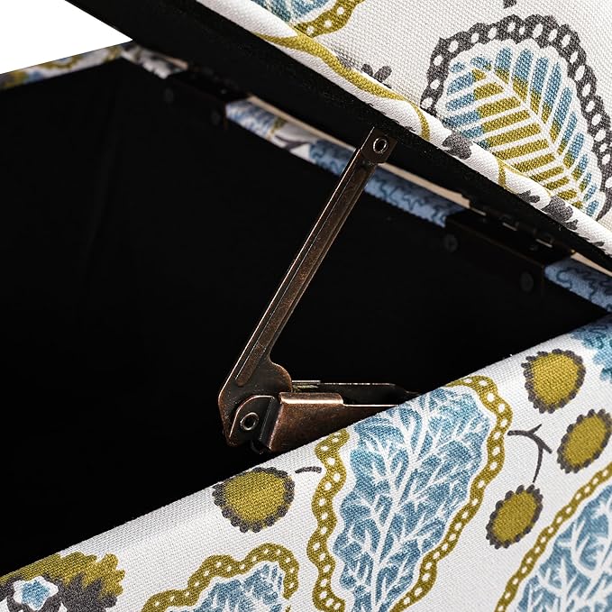 Adeco 18 Inch High Cube Ottoman Storage, Linen Chair Foot Stools, Upholstered Vanity Stool with Hinged Lid, Solid Wood Legs (Blue Leaves)-DeskLoop Office