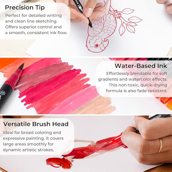 ZSCM Red Duo Tip Marker Pens, 12 Pack Fine & Brush Markers - Image 3