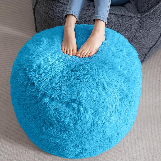 HIGOGOGO Round Stuffed Pouf Ottoman, Long Faux Fur Poufs with Foam Chunk Filling, Fluffy and Furry Pouf Foot Stool Storage Ottoman, 26 X 18 Floor Poufs Foot Rest for Living Room, Blue-DeskLoop Office