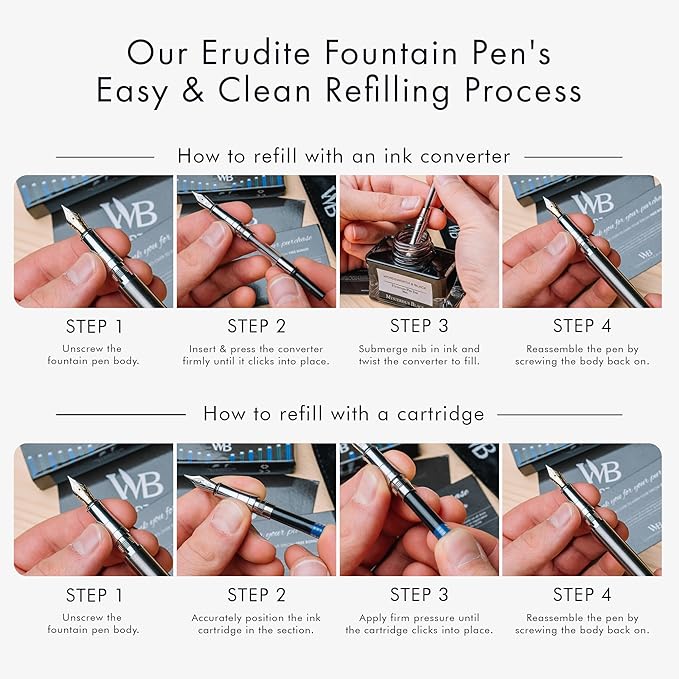 Wordsworth & Black Fountain Pen Set, Extra Fine Nib, Includes 24 Pack Ink Cartridges, Ink Refill Converter & Gift Pouch, Chrome Finish, Calligraphy, [Silver Chrome], Perfect for Men & Women