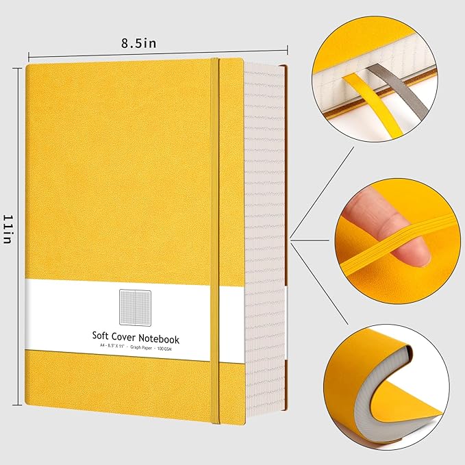 AHGXG Graph Paper Notebook - Grid Paper Notebook Large A4 8.5''×11'', 320 Pages Thick Journal, 100gsm Thick Graph Paper, Leather Softcover, Inner Pocket - Yellow-DeskLoop Office