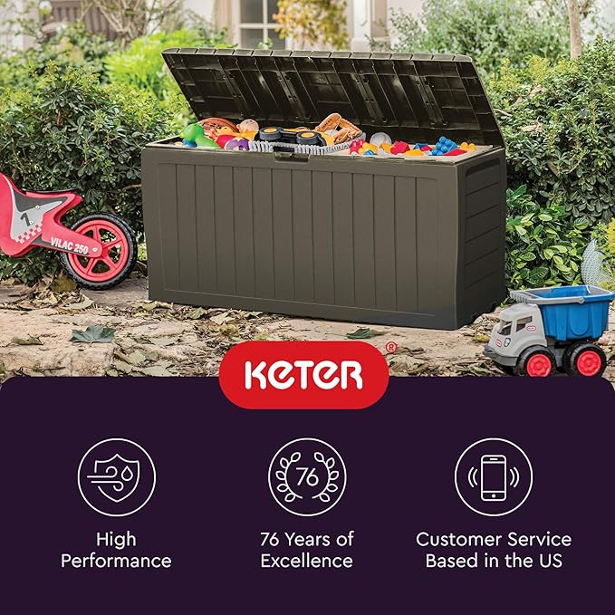 Keter Marvel Plus 71 Gallon Resin Deck Box-Organization and Storage for Patio Furniture Outdoor Cushions, Throw Pillows, Garden Tools and Pool Floats, Mossy Brown-DeskLoop Office