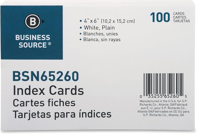 Business Source, Plain Index Cards, 100 / Pack by BusinessSource
