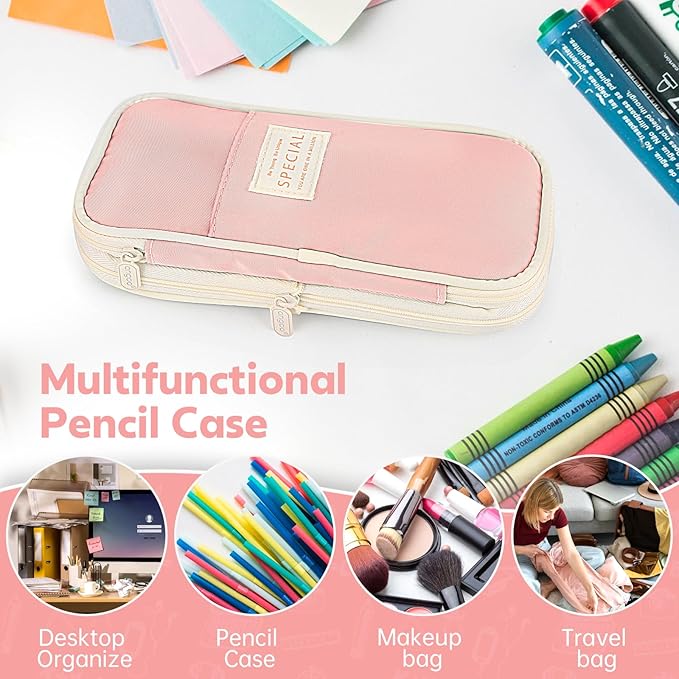 Pencil Case, Large Capacity Aesthetic Pencil Cases with Durable Zipper, Big Stationery Pencil Pouch for Women & Men, Adults Portable Storage Organizer Bag for College, office, Travel (Pink)-DeskLoop Office